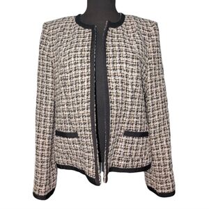 Kate Hill textured tweed jacket, 12P, black, tan, and white